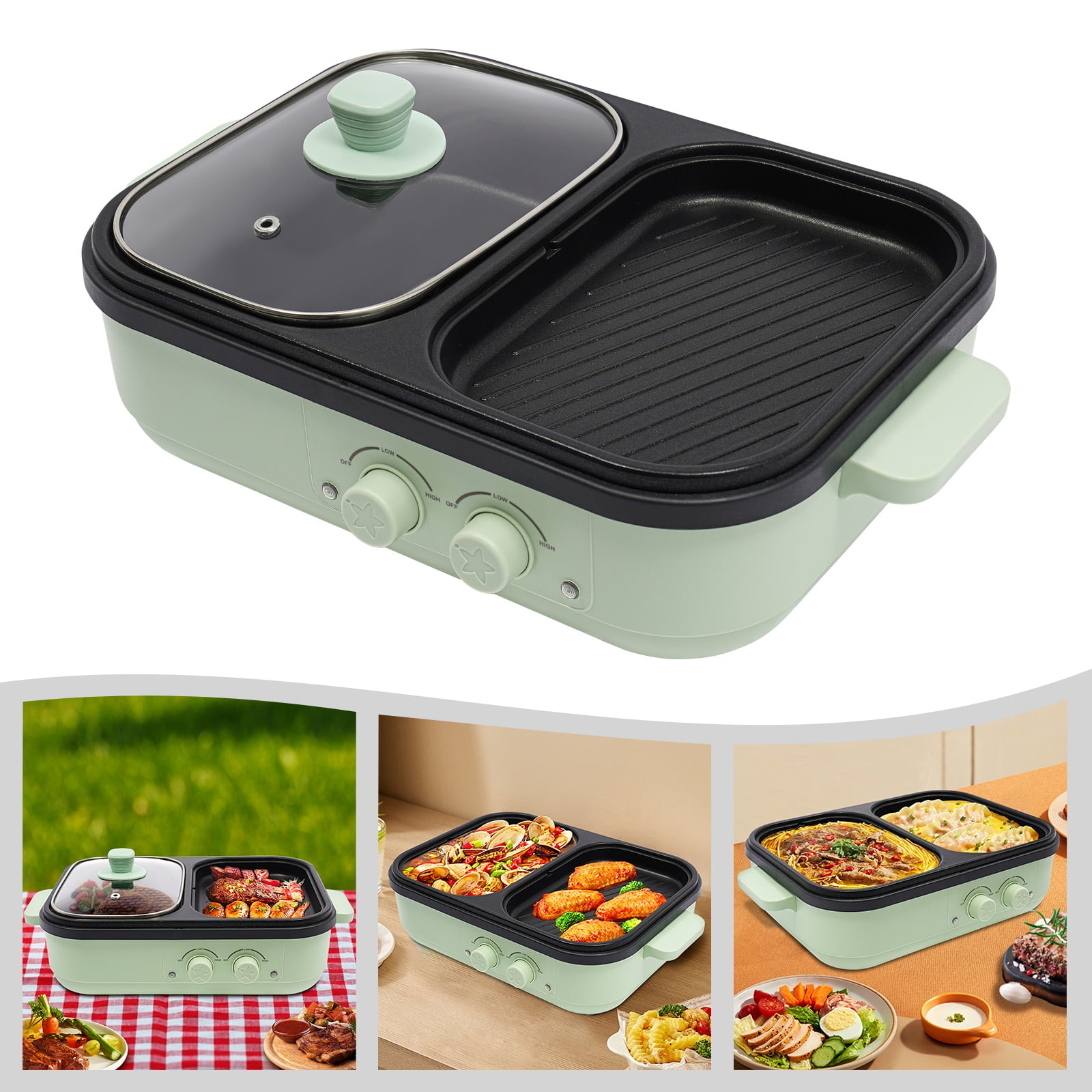 Miumaeov Mini 2-IN-1 Electric Hot Pot BBQ Grill Kitchen Smokeless Shabu Cooking Pan Nonstick Griddle 110V