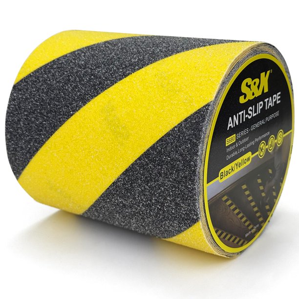 S&X Cinta antideslizante negra/amarilla, 6 pulgadas x 33 pies, cinta de agarre resistente para escaleras, rollo antideslizante de seguridad impermeable para exteriores, peldaños antideslizantes de alt