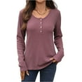 thumbnail image 2 of Long Sleeve T-Shirt for Women Henley Shirt Casual Waffle Knit Button Down Tops Soft Lightweight Pullover Blouse for Fall Winter, 2 of 5