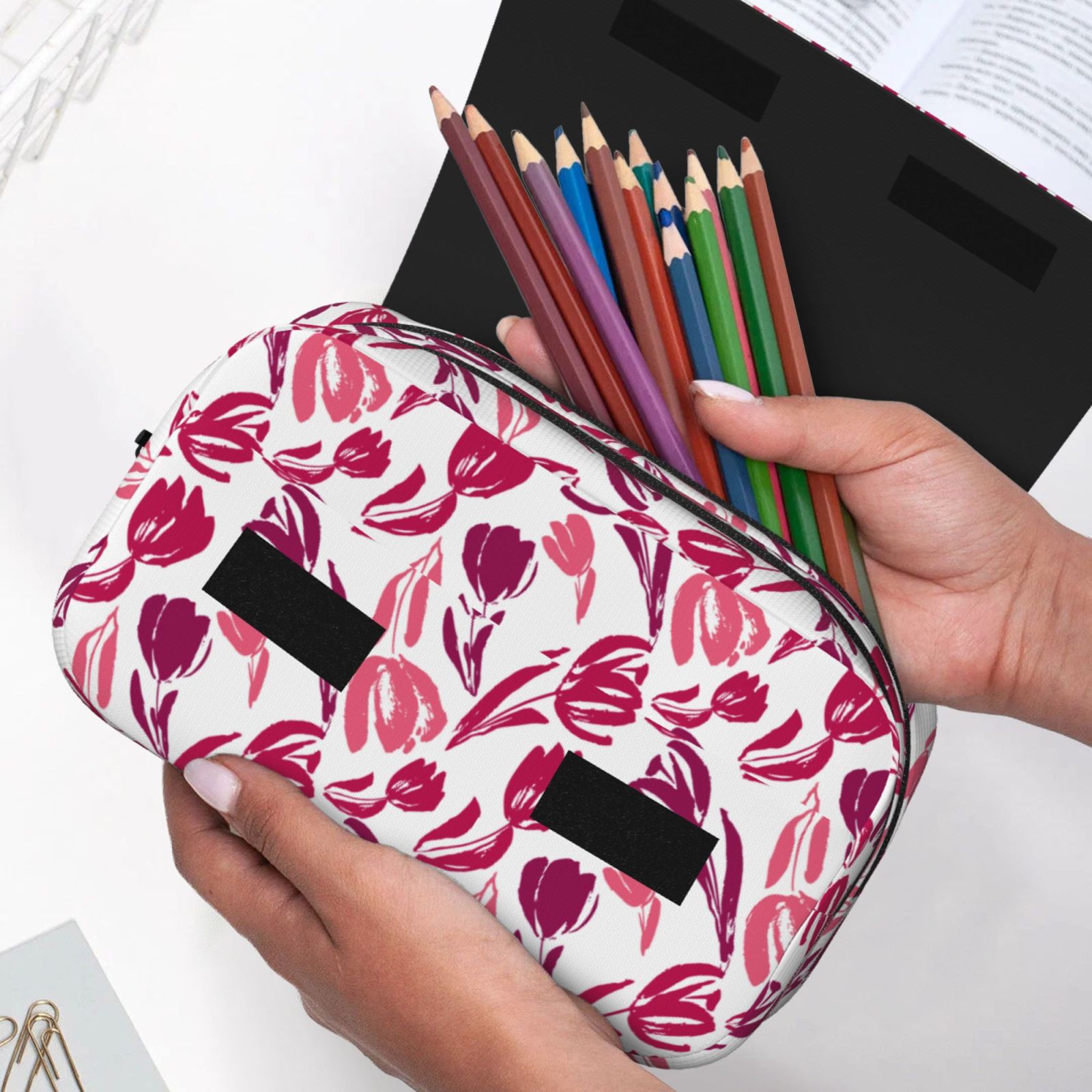Rateoe Tulips Flowers Pattern Double Clamshell Pen Case, Storage Organizer with Two Zipper Compartments– Holds Up to 50 Pencils & Pens