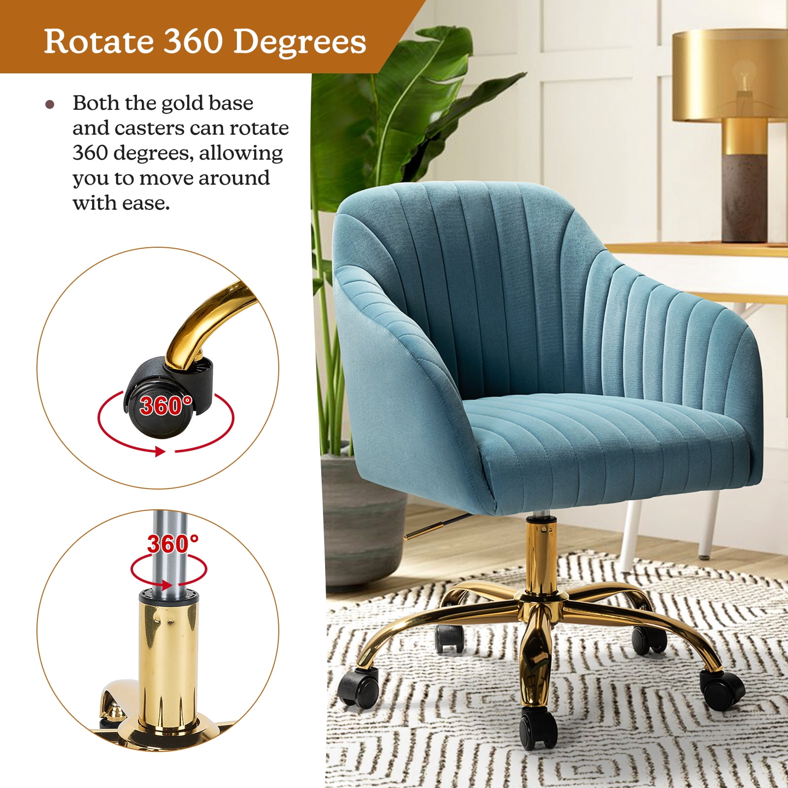 Velvet Office Desk Chair Makeup Vanity Table Chairs Adjustable Armchair Gold Legs Blue