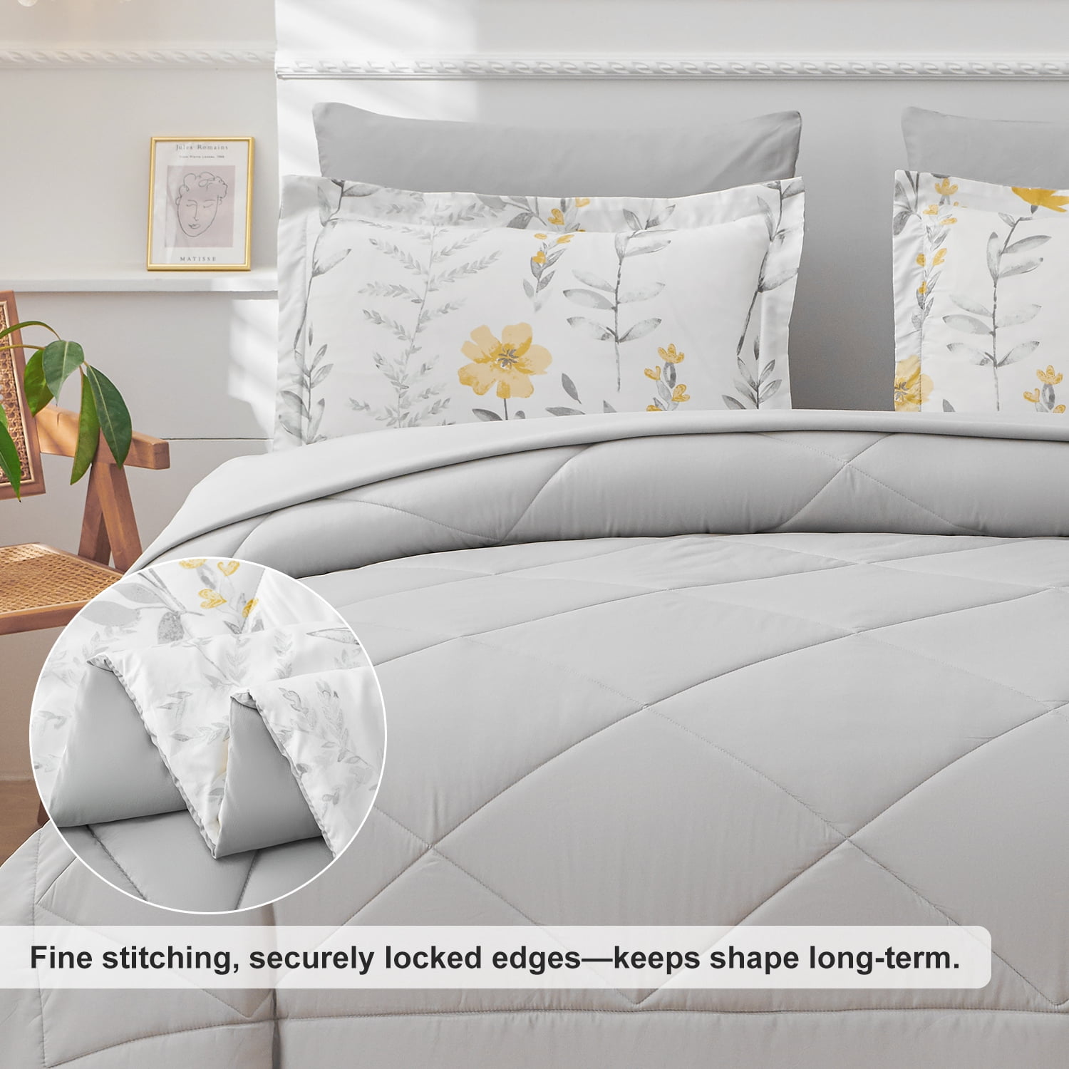 Jessy Home 3 Piece Comforter Set Queen Yellow Floral Quilt Microfiber Patchwork Bedspread