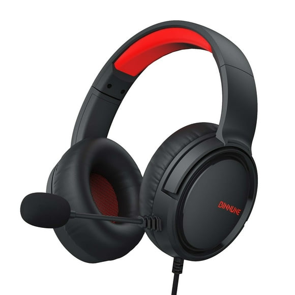 BINNUNE BG02 Wired Over-Ear Gaming Headset with 50mm Drivers - Omnidirectional Noise-Canceling Mic, Surround Sound, Adjustable Headband & Soft Ear Cushions for PC/Laptop/Tablets - Black Red,