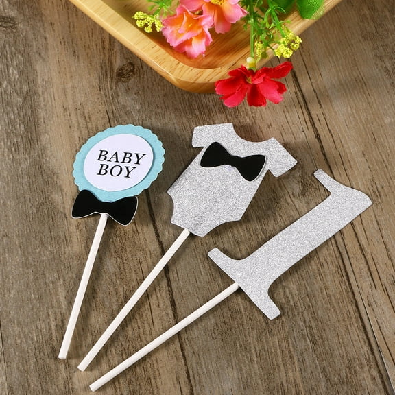 KALLORY Baby Boy Cake Topper for 1st Birthday with Silver Paper Wood Novelty Design 6 Inch