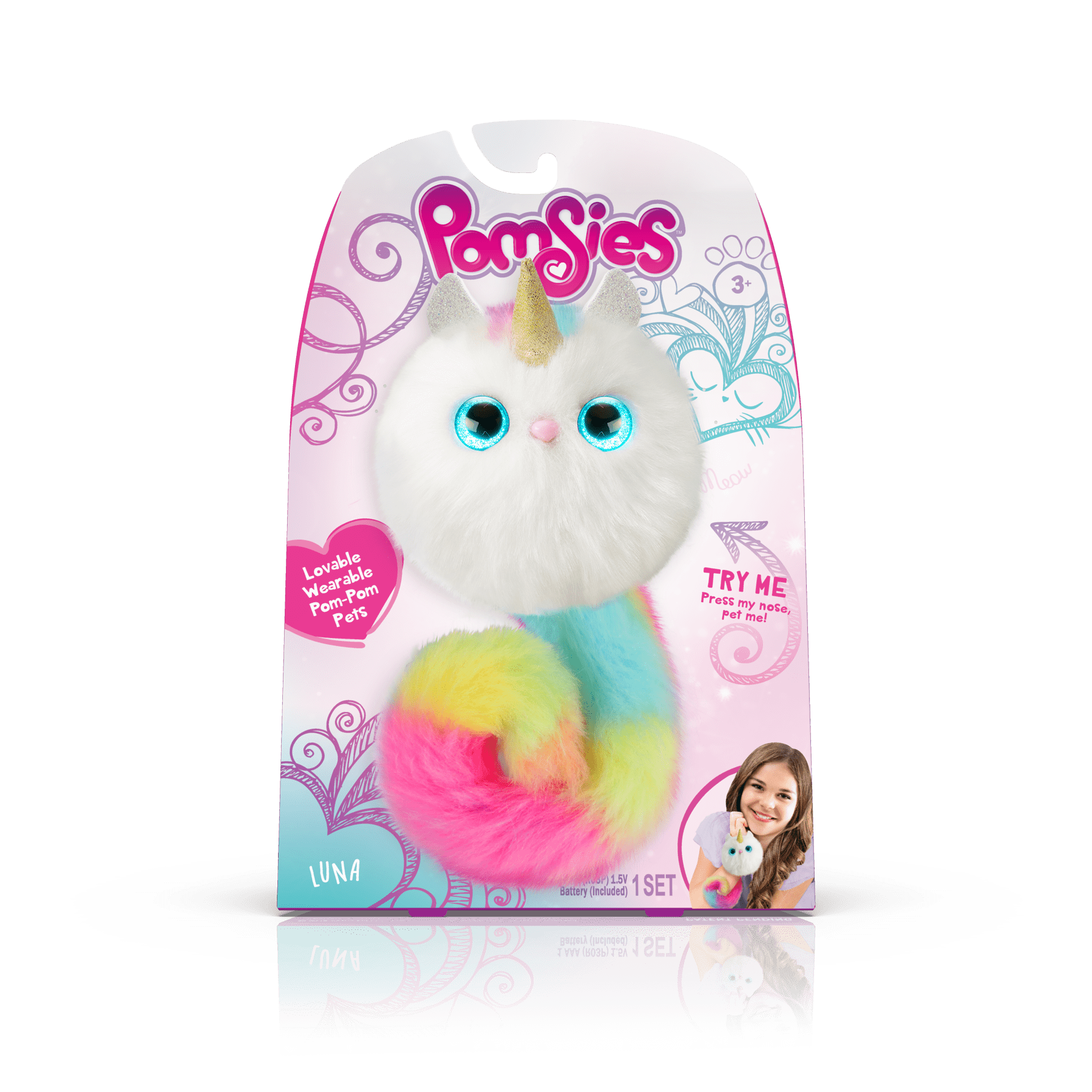 Pomsies SNOWBALL White Blue  Interactive Rainbow Plush Pom-Pom Pet Kids Toy Gift 