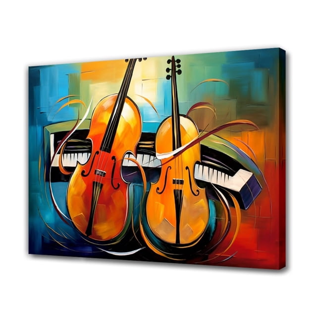 Póster de lienzo con pintura digital de fondo musical abstracto con violonchelo, violín y piano, decoración de dormitorio, paisaje deportivo, decoración de oficina, regalo, estilo marco, 16 x 24