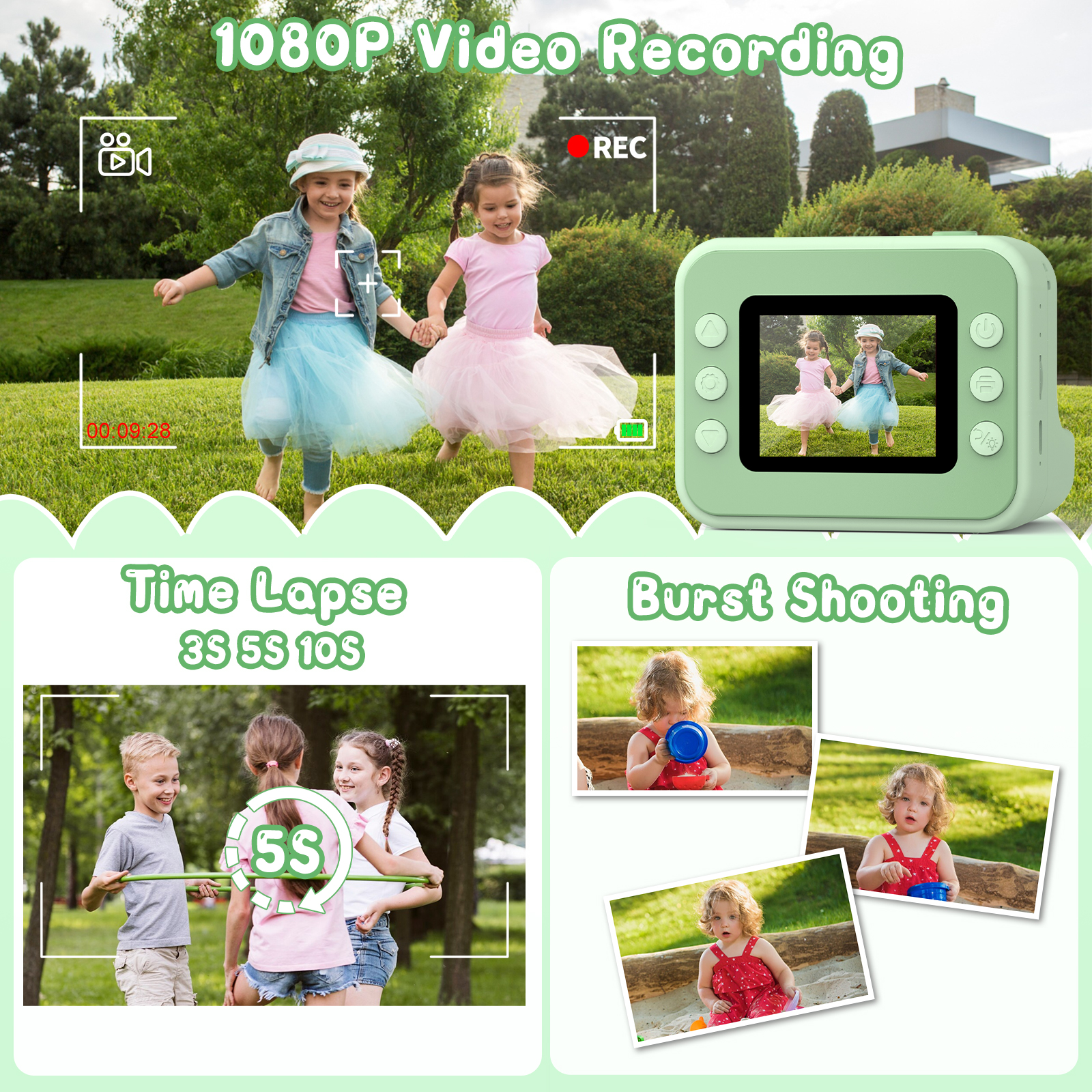 Gofunly Instant Print Kids Camera, 1080P HD Video, Green photo 2