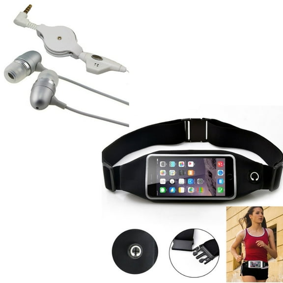 Belt Band Running Waist Bag w Wired Retractable Earphones for Samsung Galaxy S10e/S10/Plus - Sports Gym Workout Case, Headphones Handsfree Mic Headset Q1R