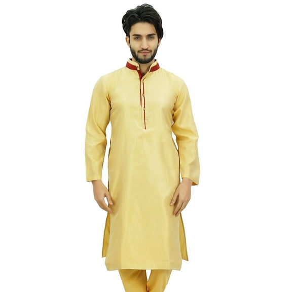 Atasi Men's Long Beige Dupion Band Collar Shirt Ethnic Clothing-Small