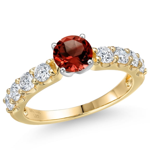 Gem Stone King 14K Two Tone Gold Red Garnet and Lab Grown Diamond Engagement Ring for Women | 1.88 Cttw | Round 6MM | Gemstone January Birthstone | Size 7