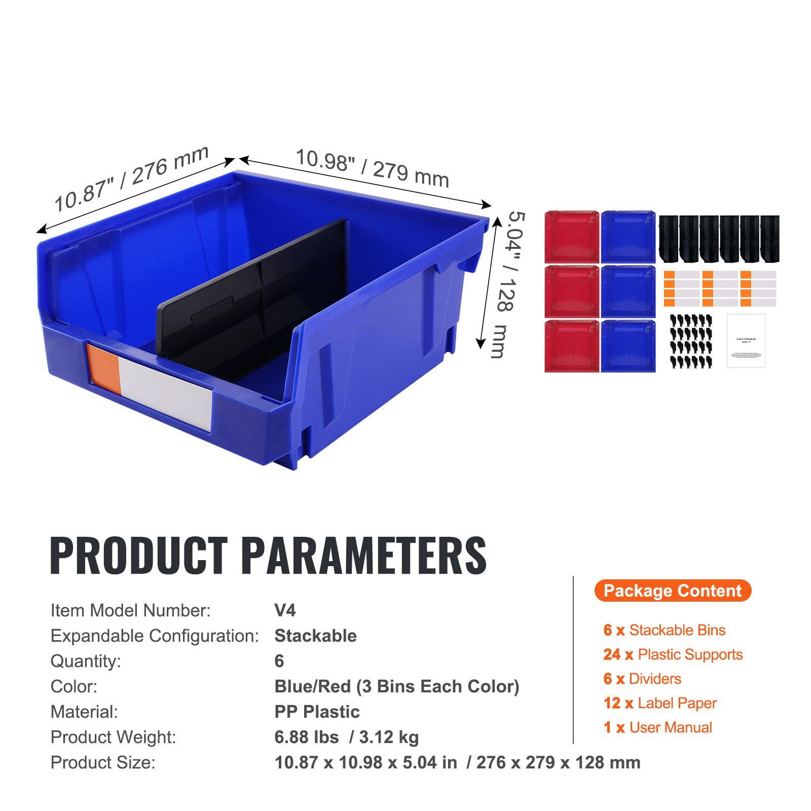 Stackable Storage Bins 10.87" x 10.98" x 5.04" with Dividers, Label Paper, PP Material, for Office Kitchen Garage Organization