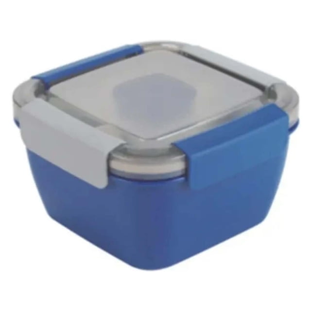 Plastic All-in-One Salad Container - 38-oz Salad Bowl with Lid,3-Compartment Bento-Style Tray,2-oz Salad Dressings Container & Reusable Fork for Salad Toppings,Snacks,Men,Women - Dishwasher(Blue)