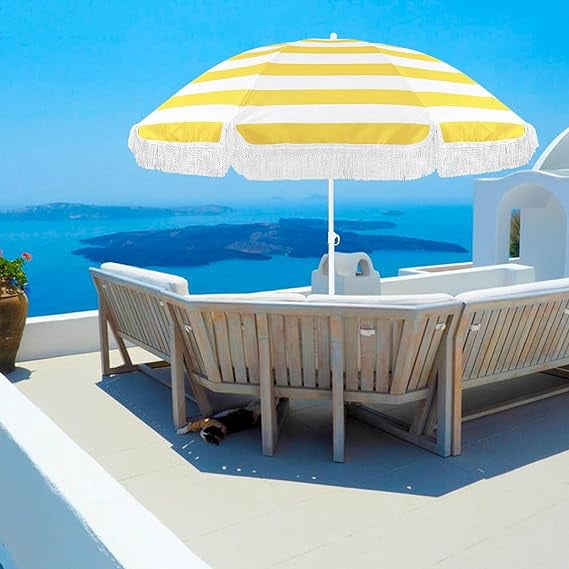 5.9ft Beach Umbrella For Travel Yellow Striped Patio Umbrella UV50+ Protection Portable Market Umbrella With Fringe Outdoor Sunshade Umbrella Waterproof Pool Umbrella With Tilt For Garden Beach