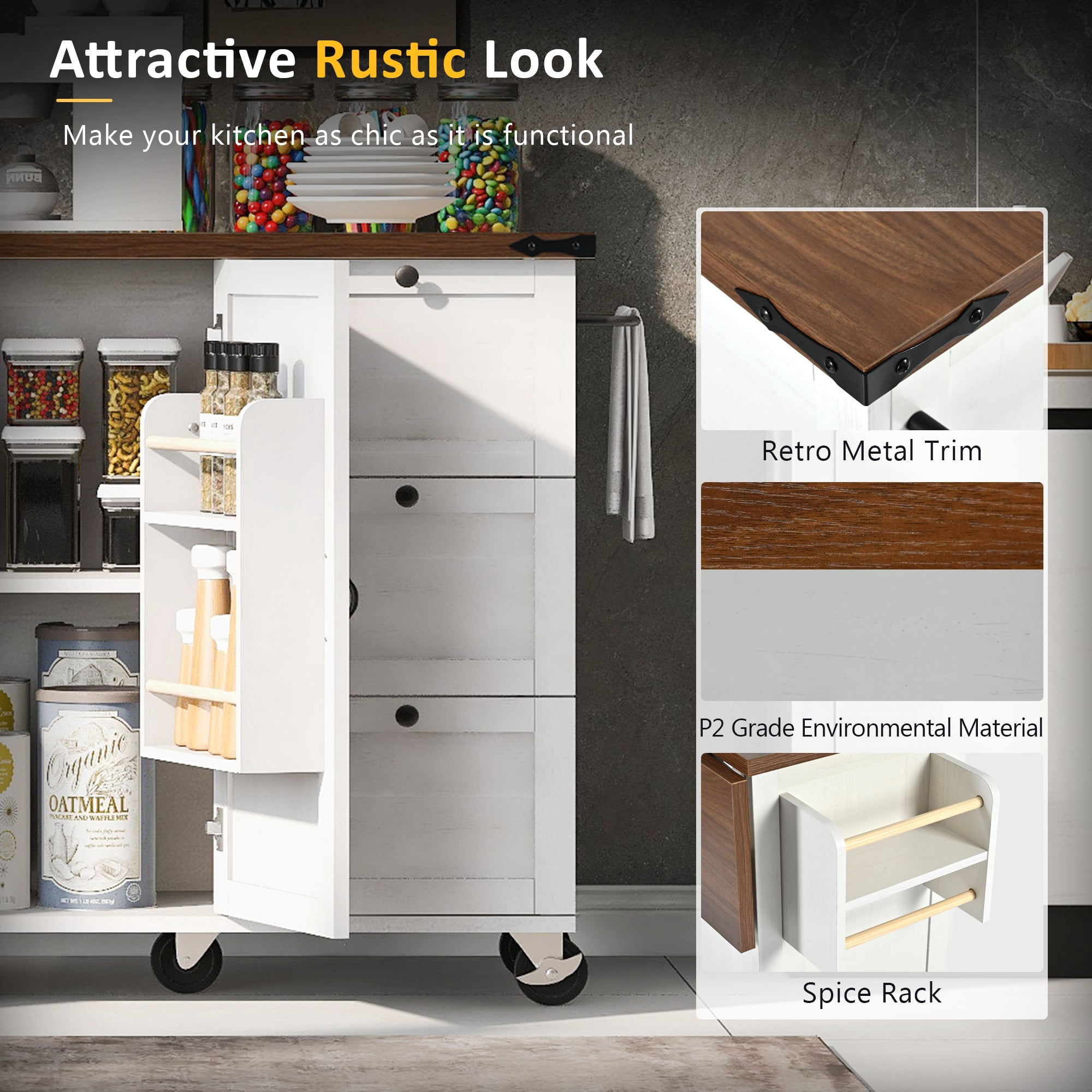54.5" Rolling Island Cart for Kitchen with Power Outlet, 2 Sliding Barn Door Kitchen Storage Island with Drop Leaf, Spice Rack Rolling Kitchen Cart on Wheels, White
