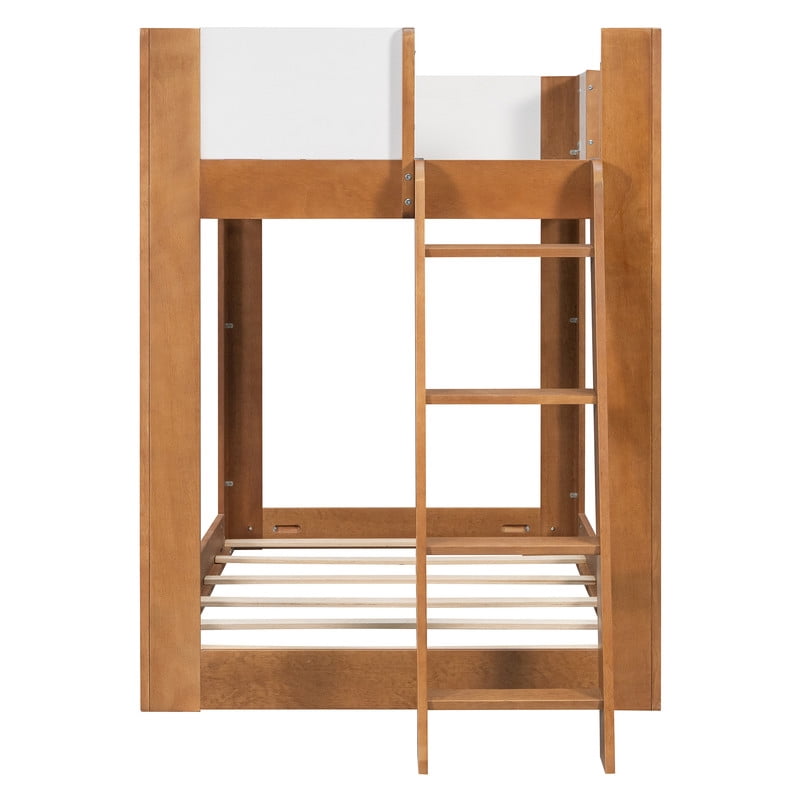 Twin-Over-Twin Low-Profile Bunk Bed with Guardrails, Wooden Kids Bed with Reversible Ladder, Accent Two-Tone Bed Frame