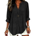 thumbnail image 5 of YVNAURA Womens Loose Fit Summer Shirt Breathable Cotton Linen Top Short Sleeve V Neck Blouse Casual Everyday Essential Tops Beach Vacation Work Office Wear, Black,L, 5 of 8