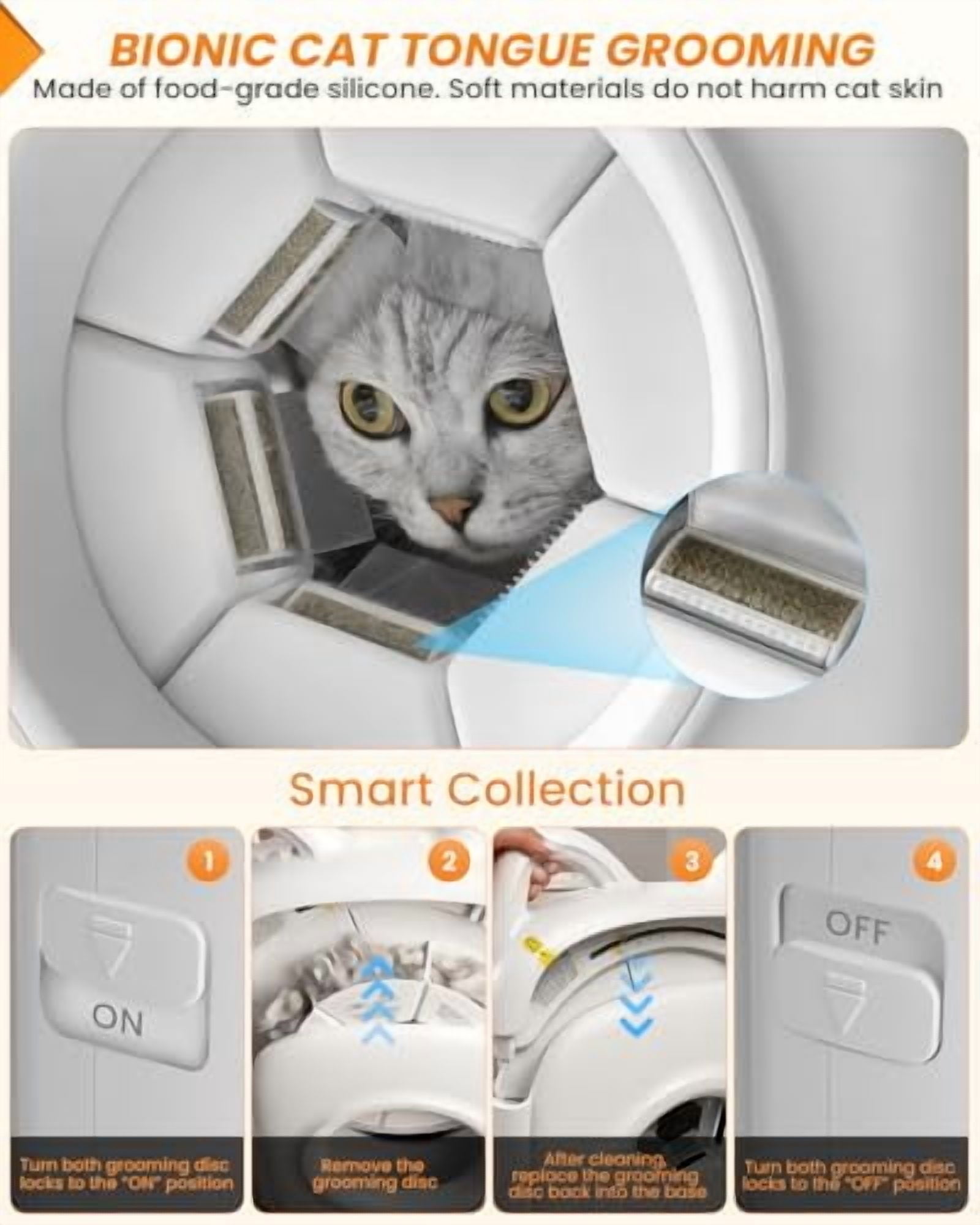 Automatic Cat Self Groomer with 360° Surround Brush, Skin-Friendly Grooming Tool with Biomimetic Cat Tongue Brush & Smart Feeder for Long and Short Haired Cats