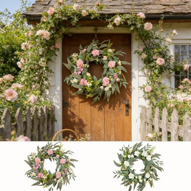 Corona de puerta principal de primavera de 19,6 pulgadas con hojas verdes artificiales y flores blancas rosas para decoración de fiestas de jardín en paredes interiores y exteriores