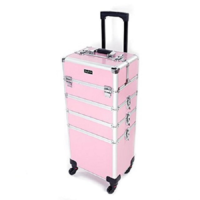 Estuche de maquillaje Mefeir 4 en 1 de aluminio con 4 ruedas, color rosa