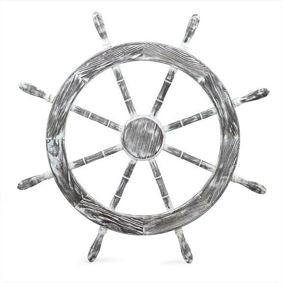 Nagina International 24" Antique White Deluxe Nautical Decorative Premium Pine Wood Ship Wheel | Captain Maritime Beach Home Decor Gift