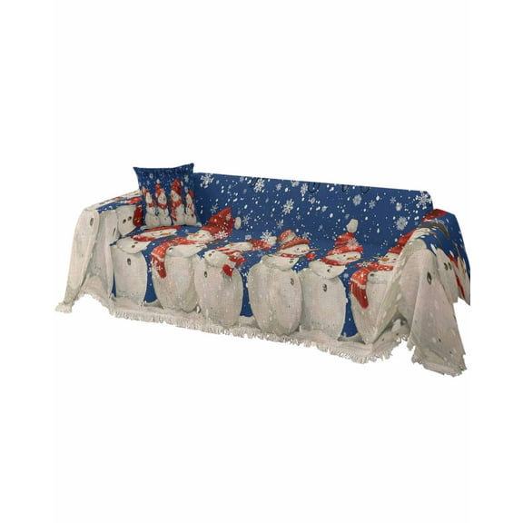 Blue Christmas Sofa Covers for 3 Cushion, Washable Couch Cover for Sectional Sofa Slipcovers with Tassel, Snowman Xmas Snowflake Rustic Loveseat Covers Futon Cover Blanket 71''x118''