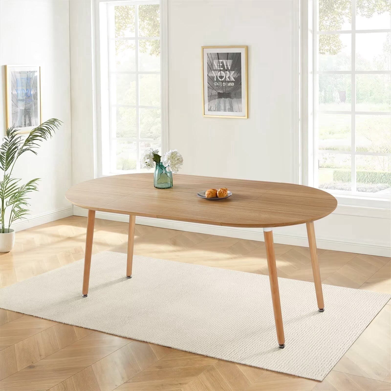 Lecut Expandable Dining Table, 39.3" Round Table to 70.8" Oval Dining Table, Wooden Farmhouse Kitchen Table with MDF Top, 4-8 Person Oak Dining Table for Home, Office
