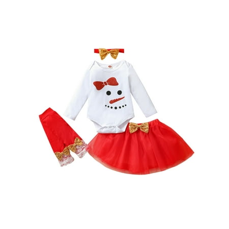 

EYIIYE 4PCS Baby Christmas Elk Head Print O-Neck Long Sleeve Romper Bowknot Skirt with Headband and Foot Cover Set