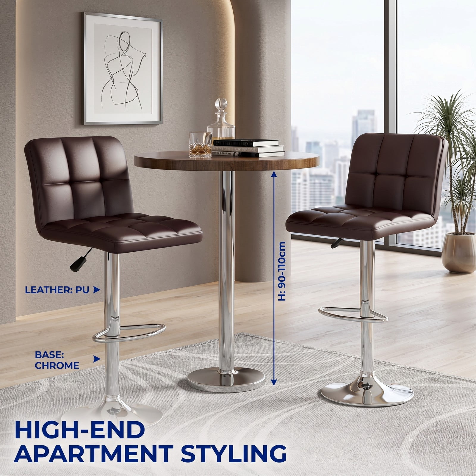 Furnibear Set of 2 Square Swivel Bar Stools, Adjustable Height PU Leather Counter Stools with Back and Footrest, 360-Degree Swivel Upholstered Kitchen Island, Coffee