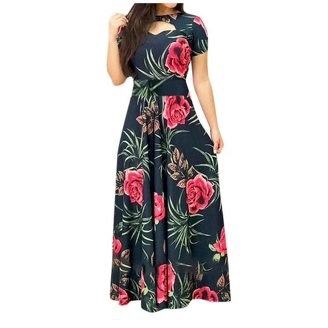 Robes pour Femmes Mode Femmes Manches Courtes Imprimé Floral Boho Longue Robe Décontractée