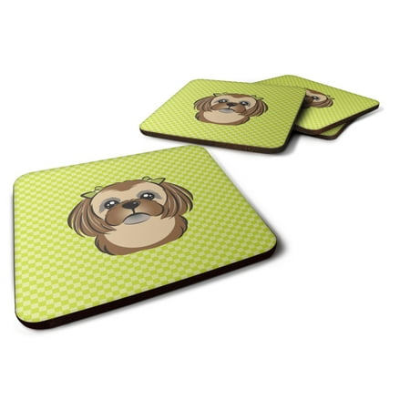 

Caroline s Treasures BB1311FC Checkerboard Lime Green Chocolate Brown Shih Tzu Foam Coaster Set of 4 3 1/2 x 3 1/2