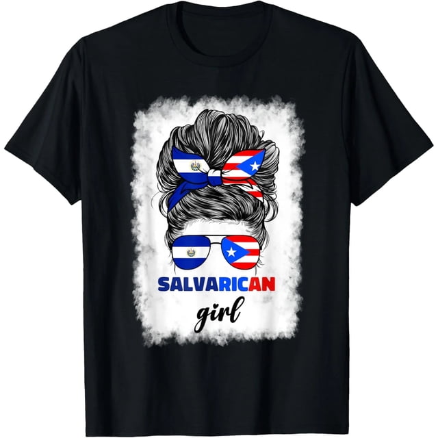 Playera Mujer Talla XL con Bandas de El Salvador y Puerto Rico en Negro