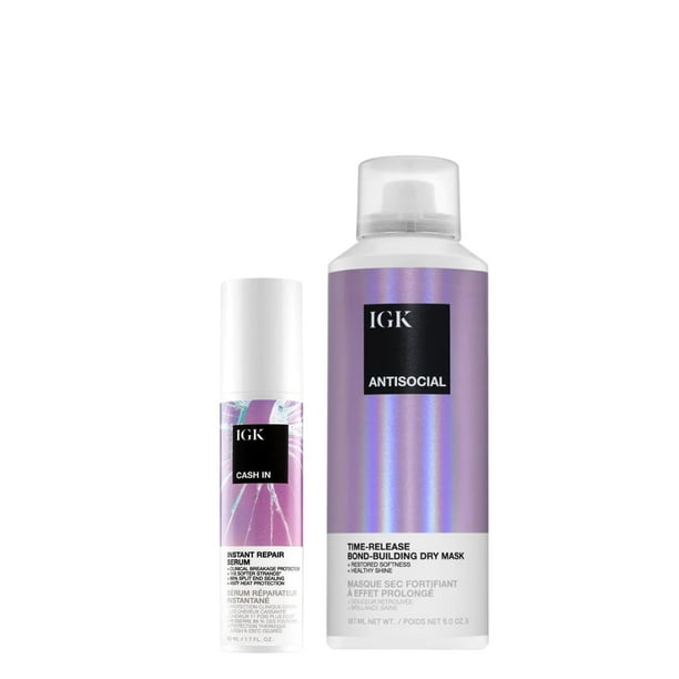 Set reparador IGK Bond-Building | Mascarilla antisocial para cabello seco que crea lazos, sérum reparador instantáneo, repara, protege y suaviza | Vegano y libre de crueldad animal