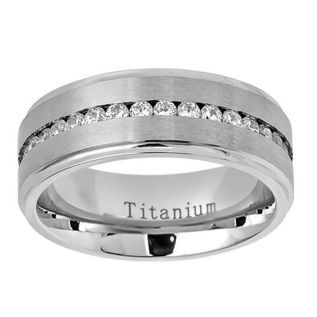 Men Women Titanium Wedding Band Ring 8mm Brushed Center Shiny Step Edge CZ Eternity Ring