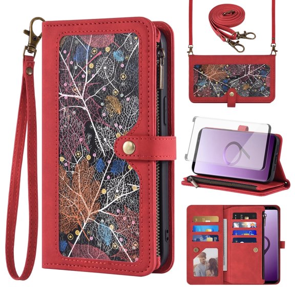Asuwish Phone Case for Samsung Galaxy S9 Wallet Cover With Tempered Glass Screen Protector Crossbody Wrist Strap Flip Pattern Zipper Credit Card Holder Stand Slot Cell S 9 Edge 9S GS9 Women Men Red