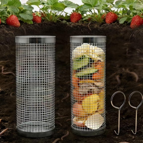 2pack Inground Worm Composting Bin Stainless Steel Farm Composter with Holes and Lid for Recycling Kitchen Food Waste to Raised Garden Beds
