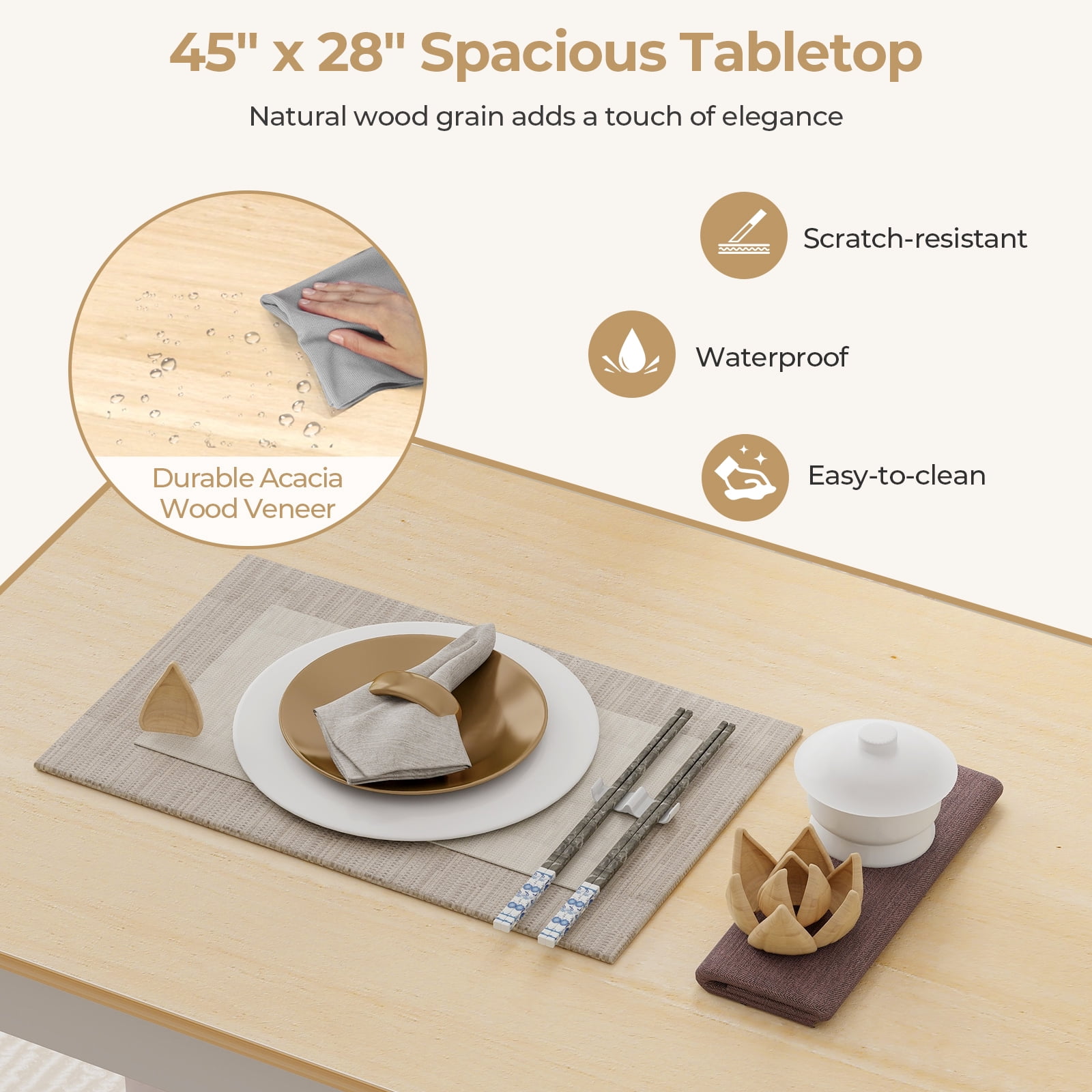 Costway 5 Piece Rubberwood Space Saving Dining Table with Chair Natural