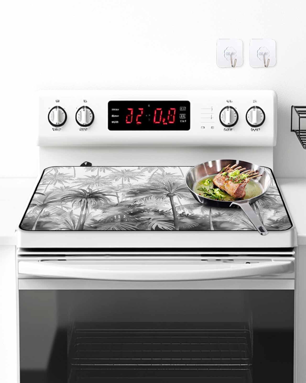 Stove Top Covers for Electric Stove, Summer Tropical Leaves Glass Stovetop Cover Protector, Gray Palm Trees Botanical Induction Cooktop Protector Oven Mat for Kitchen Countertop 31"x24"