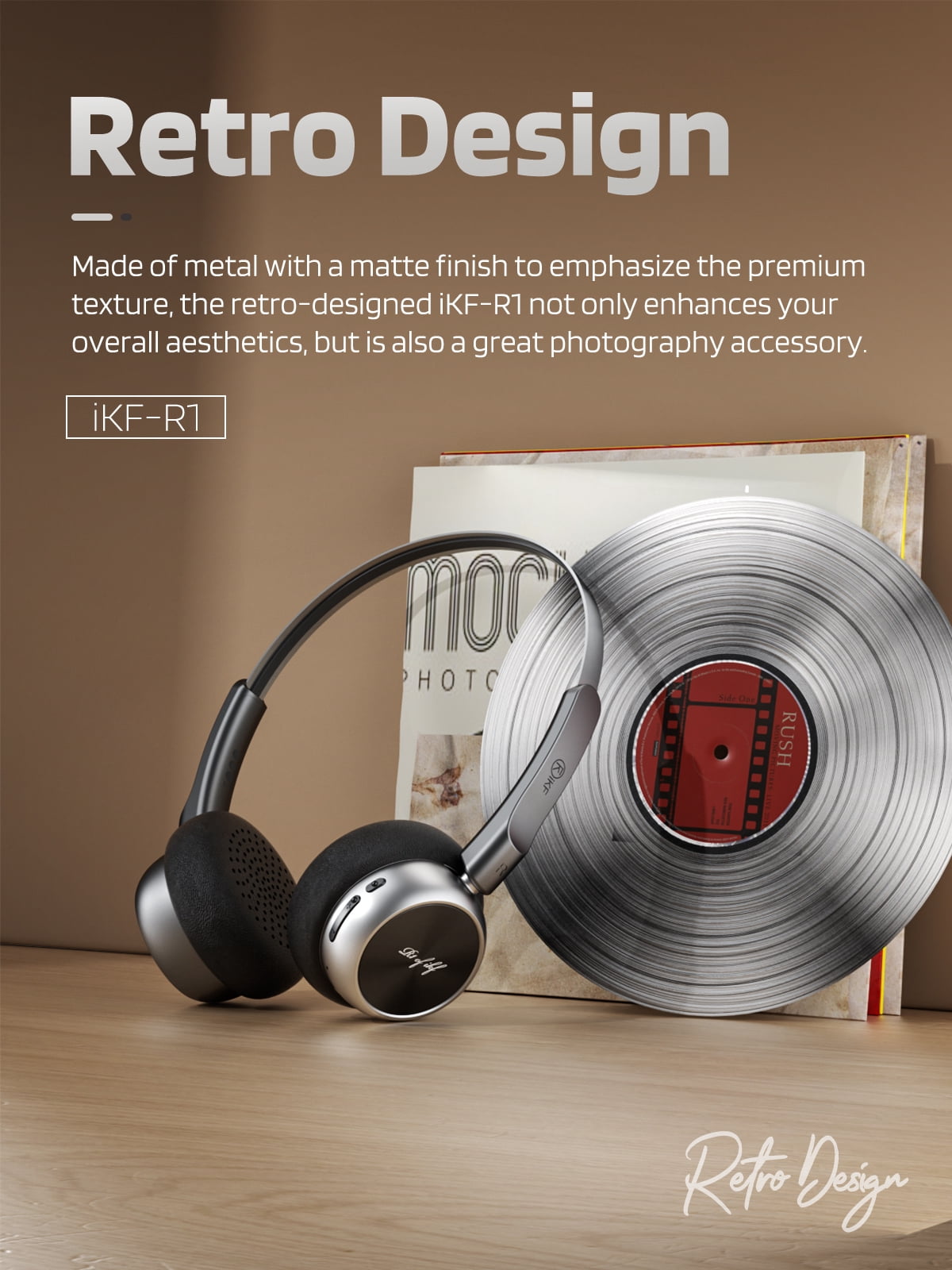 iKF R1 Wireless Retro Wireless Headphones Bluetooth 5.3 APP Custom Sound 60 Hours Playtime Game Mode Noise Isolation Built-in Microphone Throwback 80s 90s Design (Black)