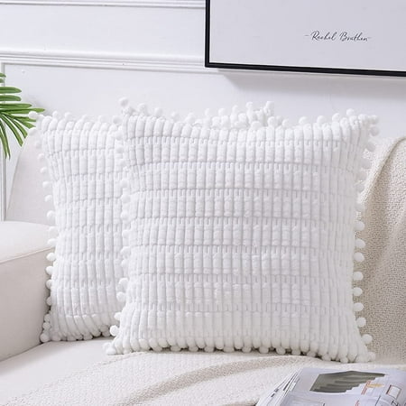 

Fancy Homi 2 Packs White Decorative Throw Pillow Covers 16x16 inch with Pom-poms for Couch Bed Living Room Farmhouse Boho Home Decor Fluffy Corduroy Cute Square Cushion Case 16x16