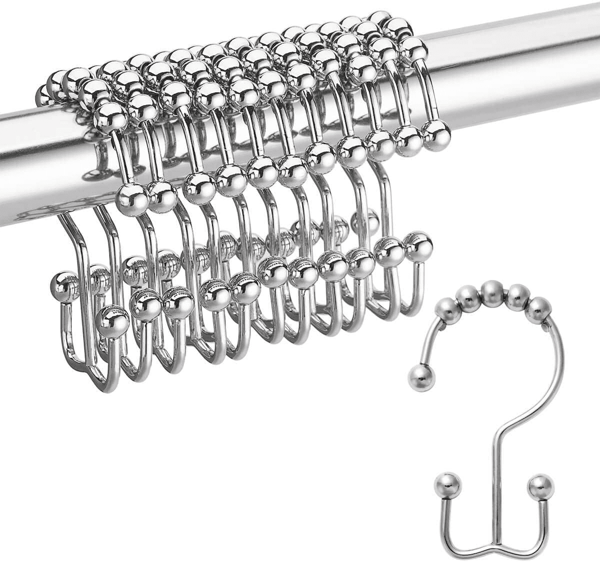 Shower Curtain Hooks Rings, Durable Metal Double Glide Shower Hooks for Bathroom Shower Rods Curtains, Set of 12 Hooks - Silver