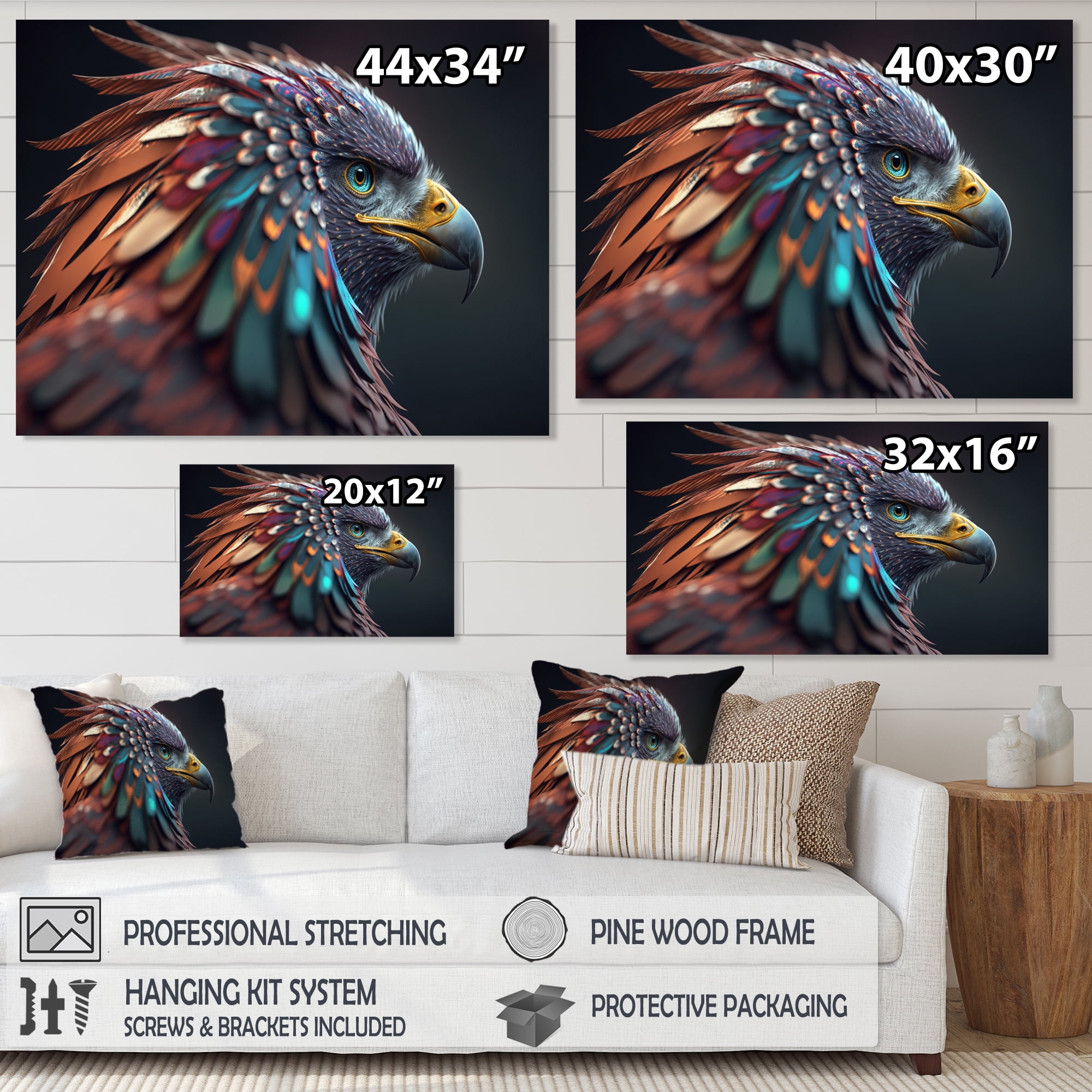 Designart Macro Colorful Feather Eagle V Canvas Wall Art