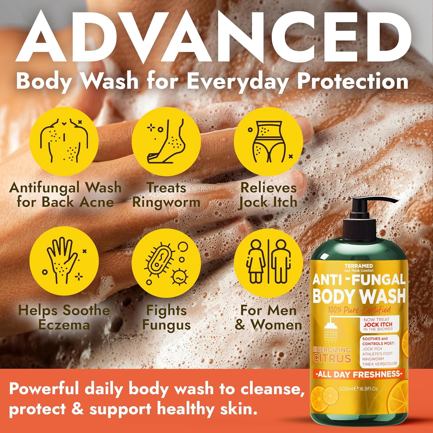 Antifungal Body Wash with Tea Tree Oil & Lemon Oil | 1% Tolnaftate Antifungal Soap Helps Fight Ringworm, Jock Itch & Athlete’s Foot | Medicated Citrus Body Wash Includes Silicone Scrubber | 16.9 oz