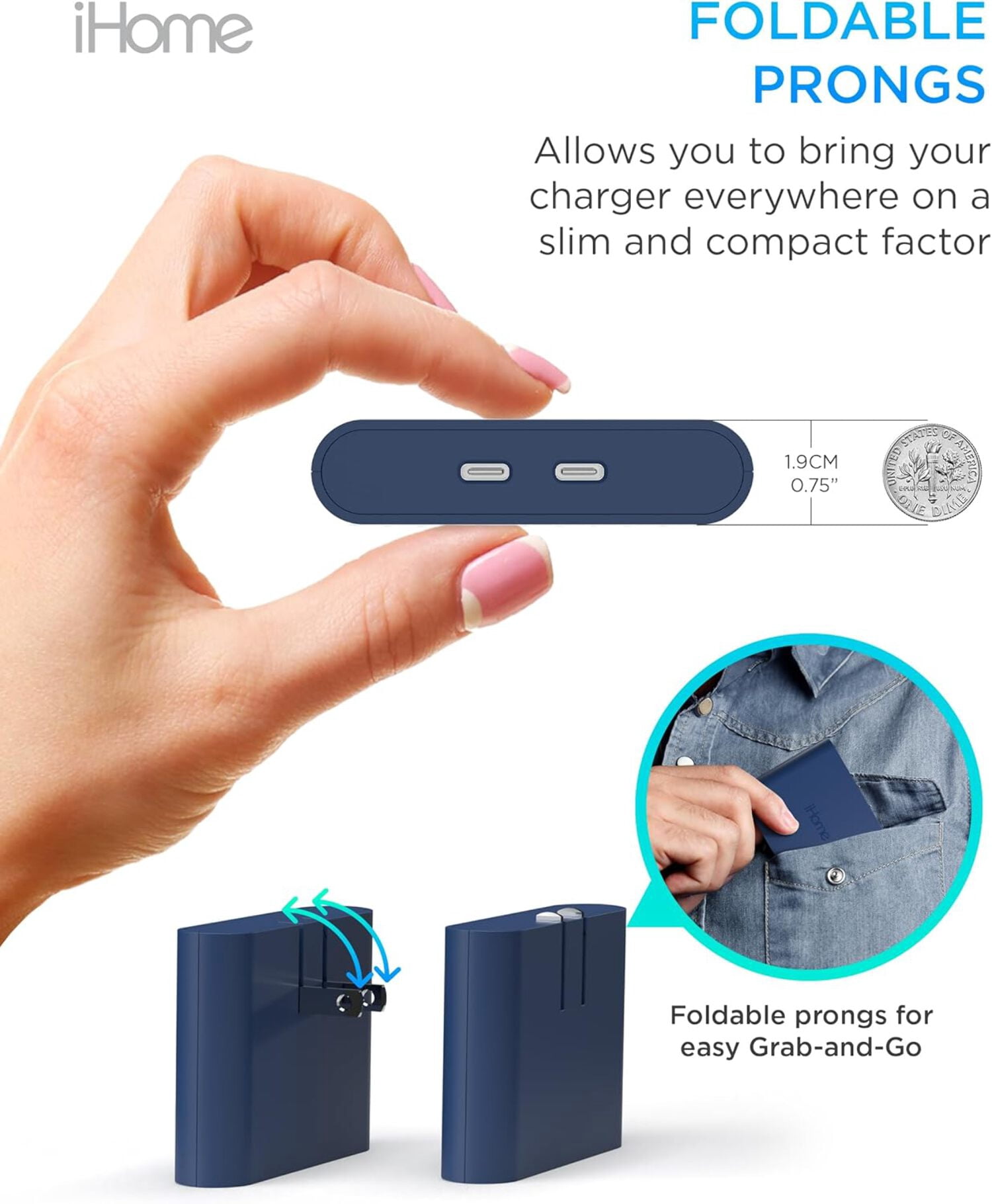 iHome 40W USB-C Multiport Wall Charger, 2-Port AC Adapter, Dual Fast Charging