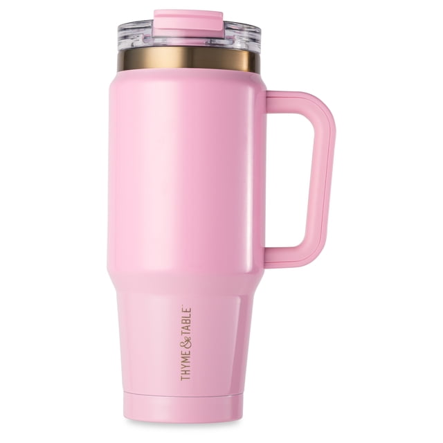 Pink 26 oz insulated water bottle with handle and clear straw lid featuring a gold band and Thyme & Table logo.