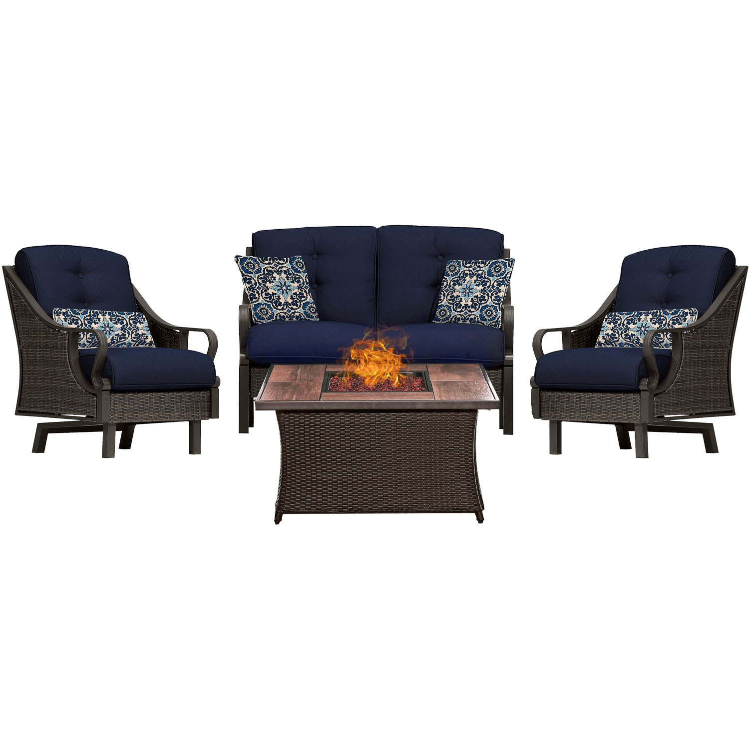 Hanover Ventura 4 Pcs Wicker and Steel Propane Fire Pit Chat Set, Navy Blue - image 5 of 10