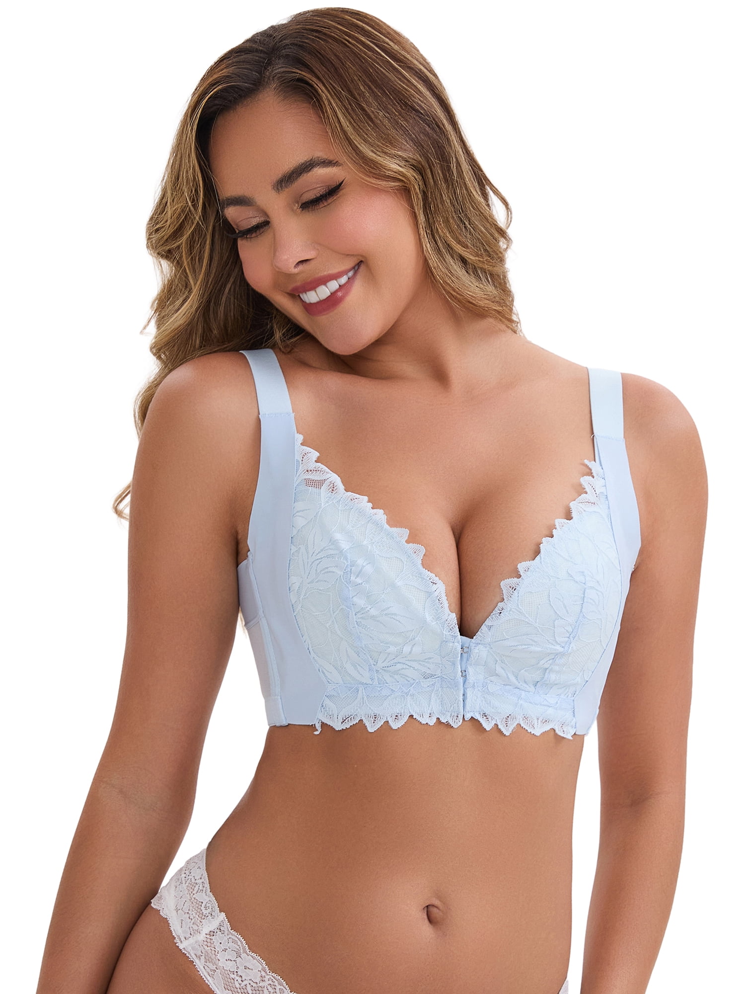 DARING DIVA Women's Deep V Adjustable Straps Underwire Minimizer Push-Up Bra M Blue