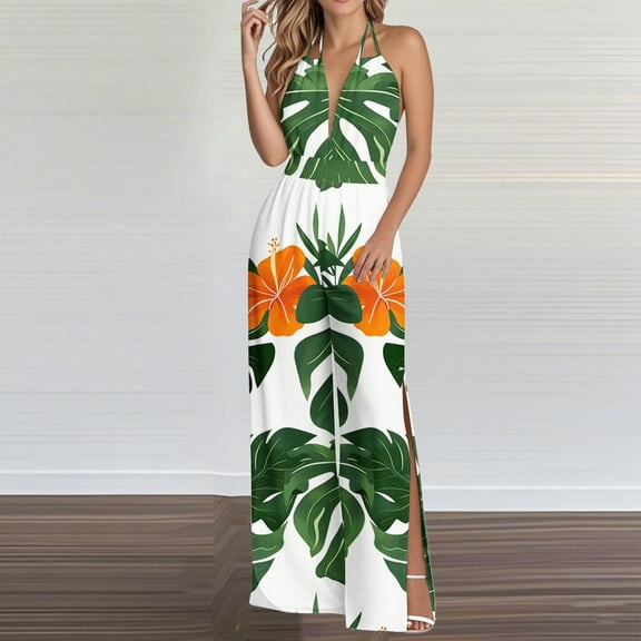 Roncen Women's Printed Wide Leg Jumpsuit - Backless Sleeveless Overalls with Loose Fit, Elastic Waist, Split Hem & Adjustable Straps