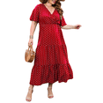 thumbnail image 3 of Robe Décontractée pour Femme Grande Taille à Pois Été à Manches Courtes Col en V Ample à Étages Maxi Robes Rouge TG, 3 of 9