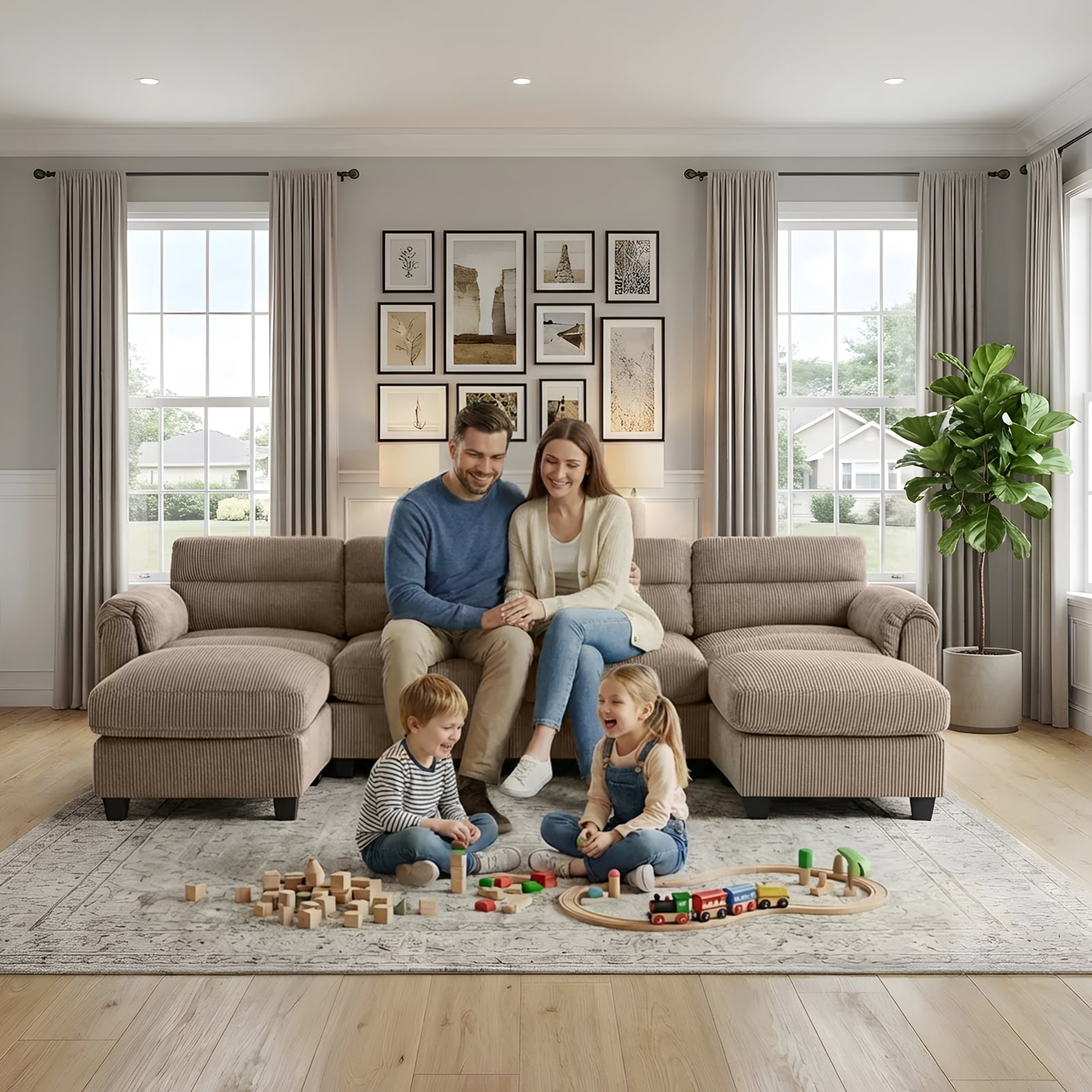Bonzy Home Modular Sectional Sofa Couches for Living Room U-Shaped Sofa with Ottoman Brown