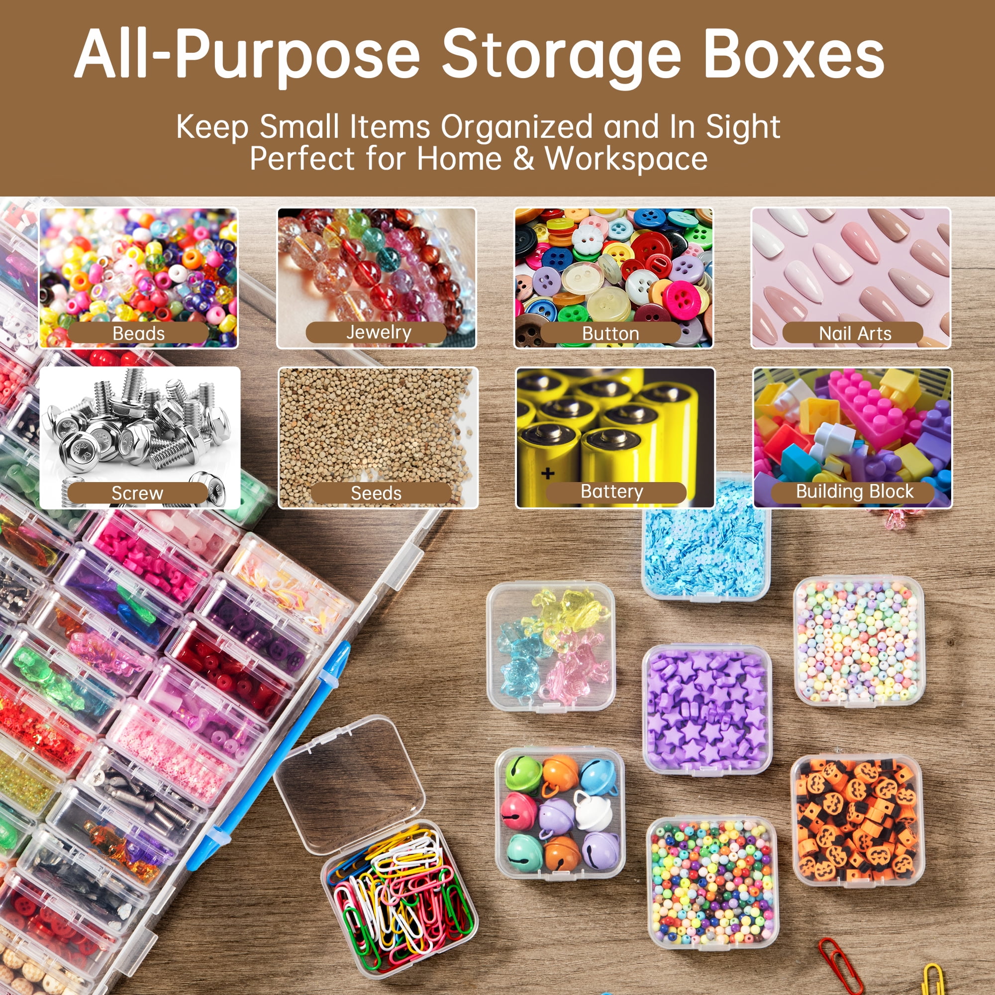 Bead Organizer Box with Handle, 60Pcs Small Bead Storage Boxes with Hinged Lid and Portable Craft Case, Mini Clear Plastic Container for Jewelry Making Supplies Bracelet Screws Seeds Nails Small Part